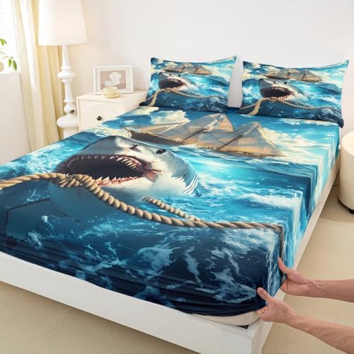 Manfei Nautical Shark Fitted Sheet Set Queen Size