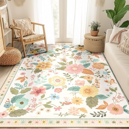 Floral 5x7 Boho Area Rug Soft Print Non Slip Machine Washable