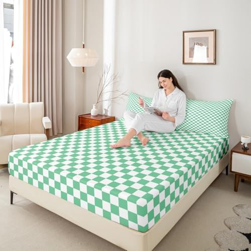 Manfei Green White Queen Fitted Sheet Set with Pillow Case