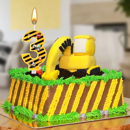 Construction Birthday Candle Number 3 Yellow Black Striped