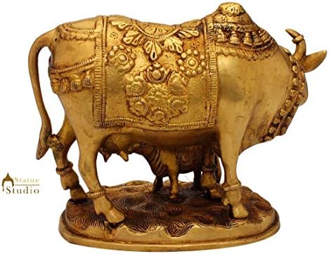 Statuestudio Brass Cow and Calf Idol Statue Glossy 8 4 7 Inches