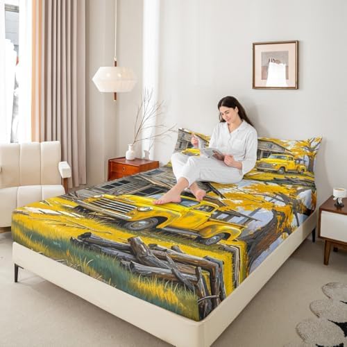 Manfei Yellow Truck Fitted Sheet Set Queen Size 1