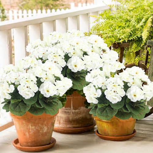 3 Pcs Artificial White Geranium Bushes for Garden Decor