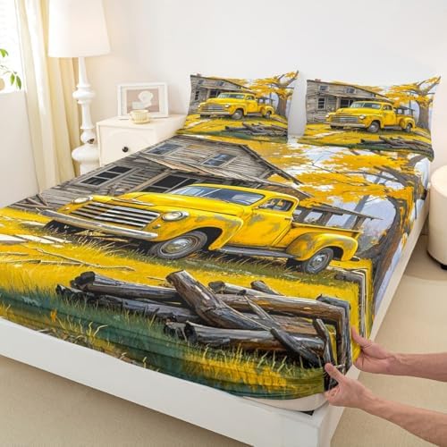 Manfei Yellow Truck Fitted Sheet Set Queen Size 1