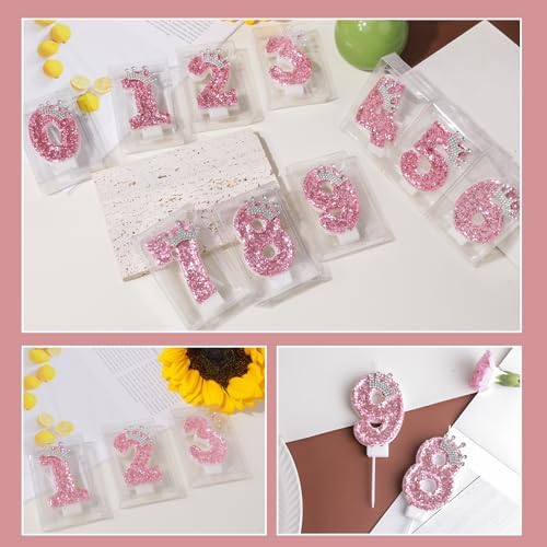 Pink 5 Glitter Birthday Candles with Crown Sequins