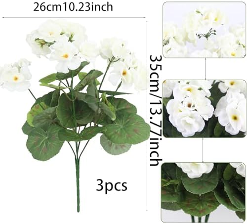 3 Pcs Artificial White Geranium Bushes for Garden Decor