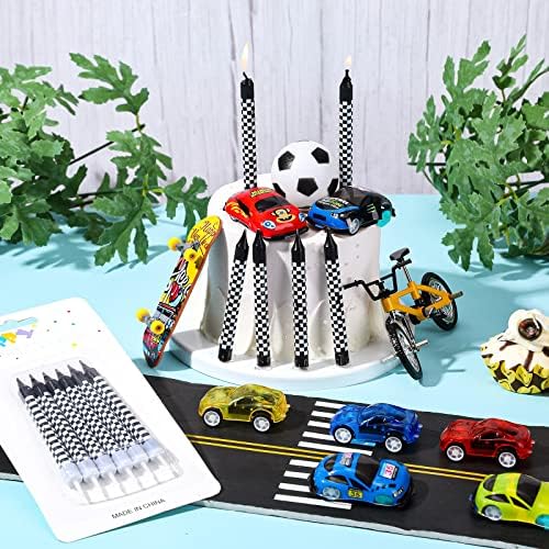 Cindeer 12 Pcs Racing Cars Birthday Candles with Checkered Flag Cupcake Topper