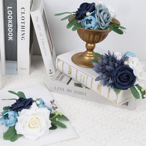Blue Wedding Cake Toppers with Artificial Flowers 3PCS