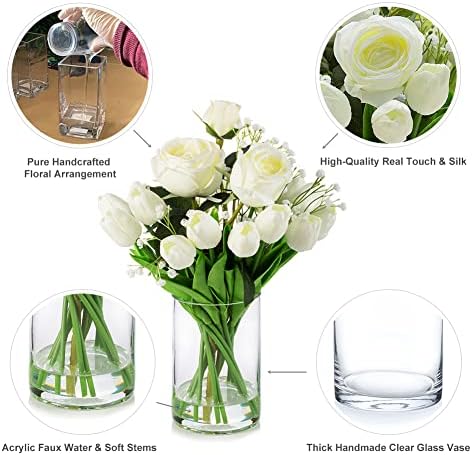 ENOVA FLORAL White Mixed Roses and Tulips Artificial Flowers in Glass Vase