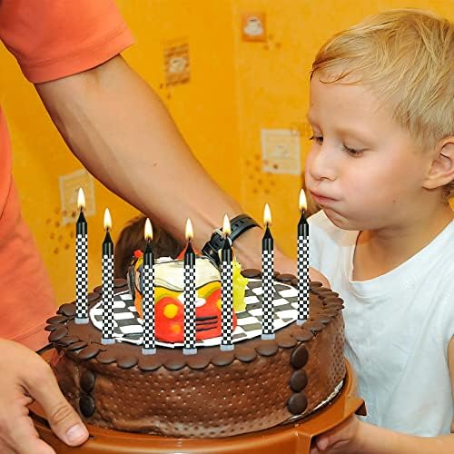 Cindeer 12 Pcs Racing Cars Birthday Candles with Checkered Flag Cupcake Topper