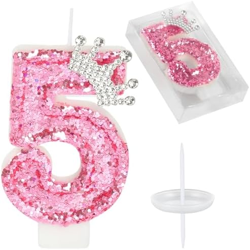 Pink 5 Glitter Birthday Candles with Crown Sequins