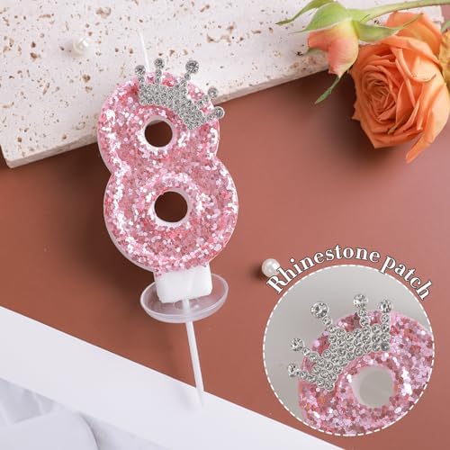 Pink 5 Glitter Birthday Candles with Crown Sequins