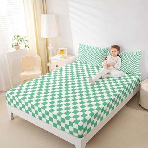 Manfei Green White Queen Fitted Sheet Set with Pillow Case