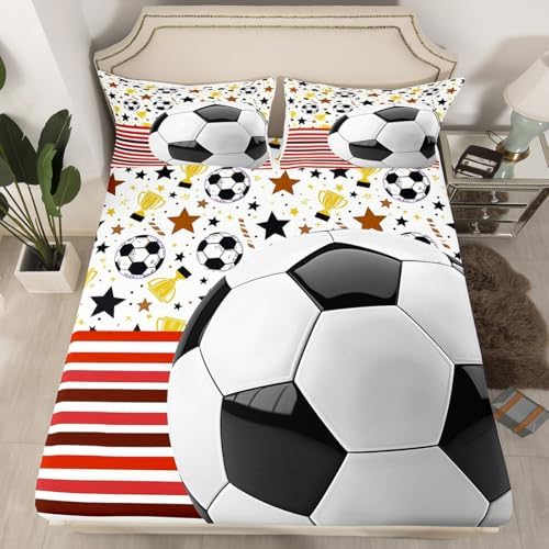 Manfei Soccer Fitted Sheet Queen Football Patchwork Bed Set