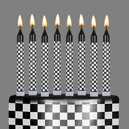 Cindeer 12 Pcs Racing Cars Birthday Candles with Checkered Flag Cupcake Topper
