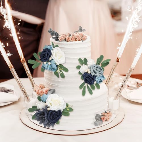 Blue Wedding Cake Toppers with Artificial Flowers 3PCS