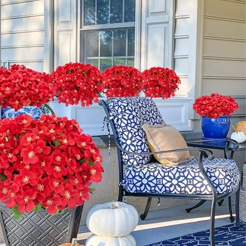 BRIGEA 8-Bundle Artificial Red Flowers Outdoor Decor