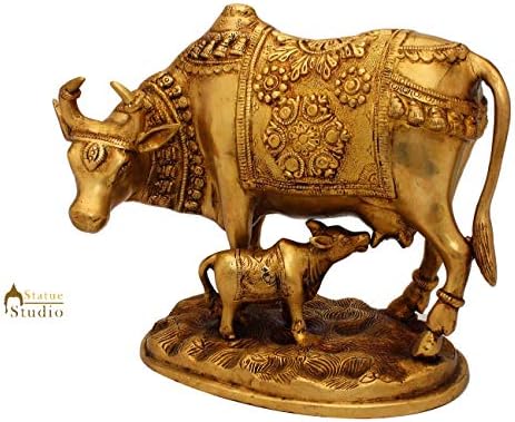Statuestudio Brass Cow and Calf Idol Statue Glossy 8 4 7 Inches