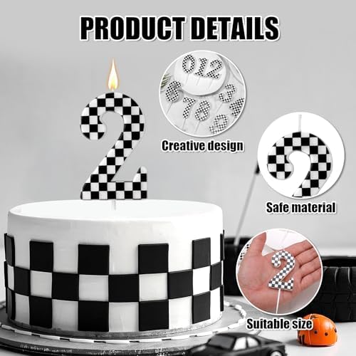 Racing Cars Birthday Candle Number 2 Black and White Cake Topper