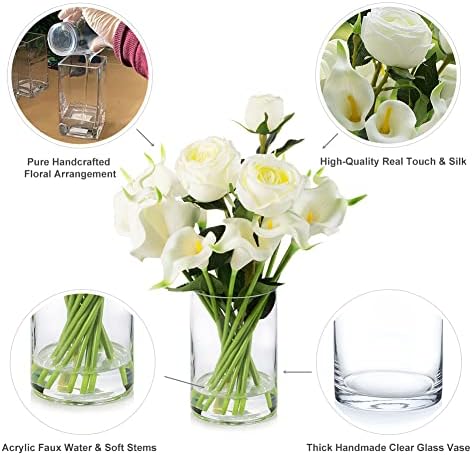 ENOVA FLORAL White Artificial Flowers with Glass Vase Set