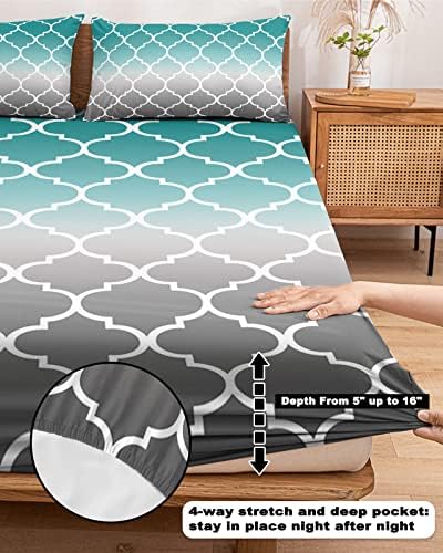 Twin Fitted Sheet Deep Pocket with Teal Gradient Moroccan Patterns