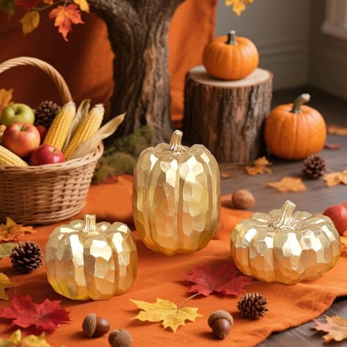 Winemana 3 Pack Gold Artificial Pumpkins for Fall Decorations