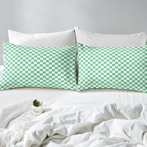 Manfei Green White Queen Fitted Sheet Set with Pillow Case