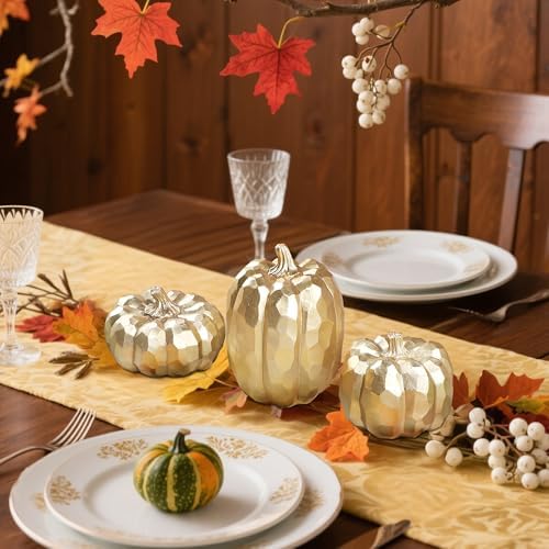 Winemana 3 Pack Gold Artificial Pumpkins for Fall Decorations