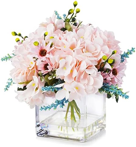 ENOVA FLORAL Pink Hydrangea Artificial Flowers with Vase
