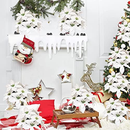 8 Pack 7 Head White Velvet Poinsettia Christmas Decor