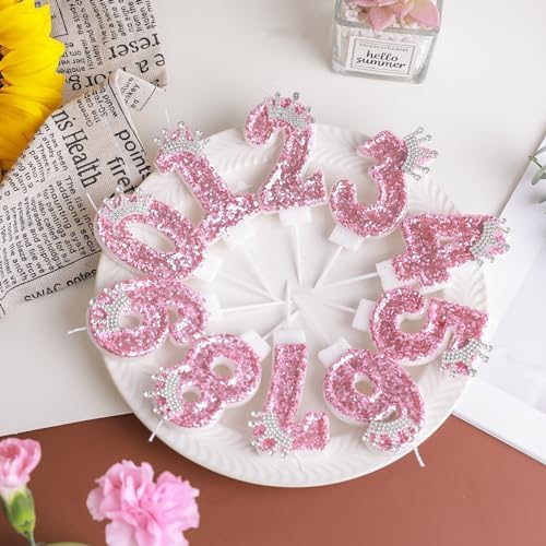 Pink 5 Glitter Birthday Candles with Crown Sequins