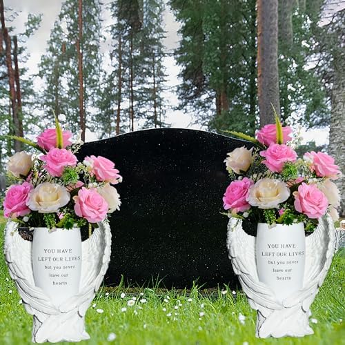 White Resin Angel Wings Cemetery Flower Vase with Stake