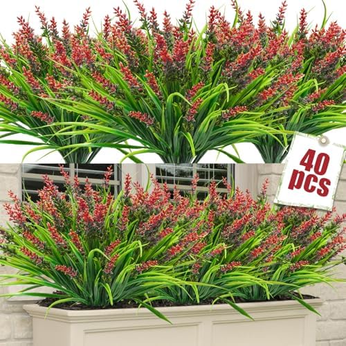 40 Bundles Artificial Monkey Grass with Red Lavender Flowers