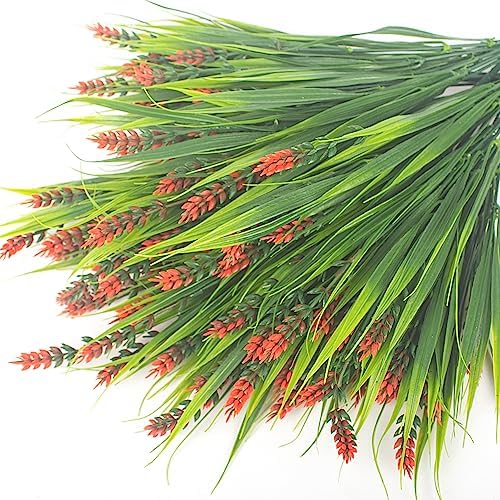 Grunyia Artificial Plants Outdoor Fake Grass with Flowers Red