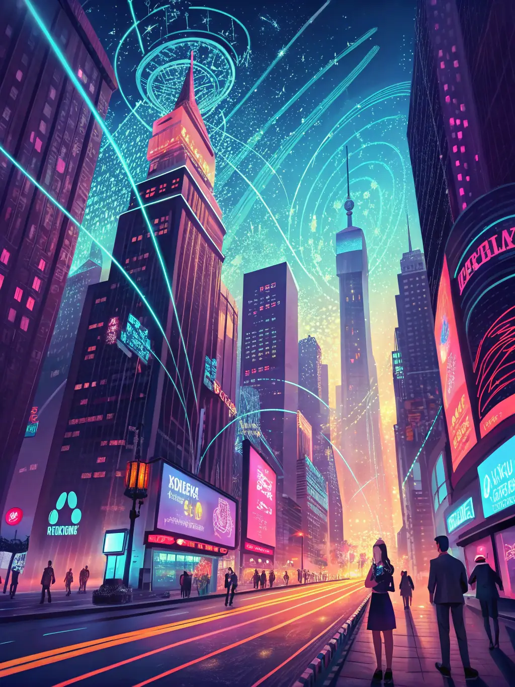 A futuristic cityscape with glowing lines representing data streams, symbolizing EnigmaVault's ability to navigate complex business environments.